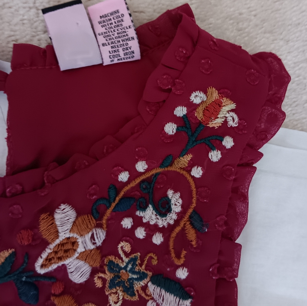 Love On A Hanger ~ Pink Embroidered Swiss Dot Ruffle Peplum Tank Top | M - Picture 5 of 9
